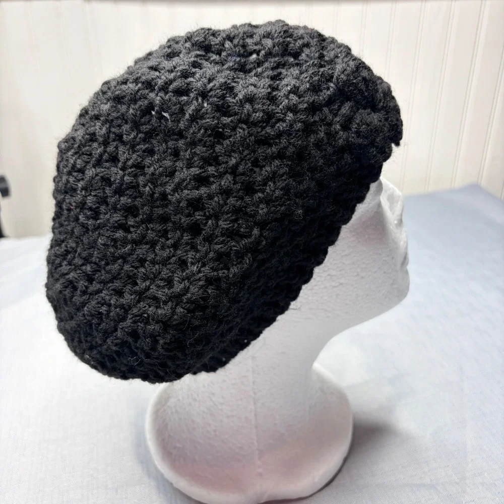 Handmade Beret Hat One Size Black Crochet Knit Slouchy French Artist Tam